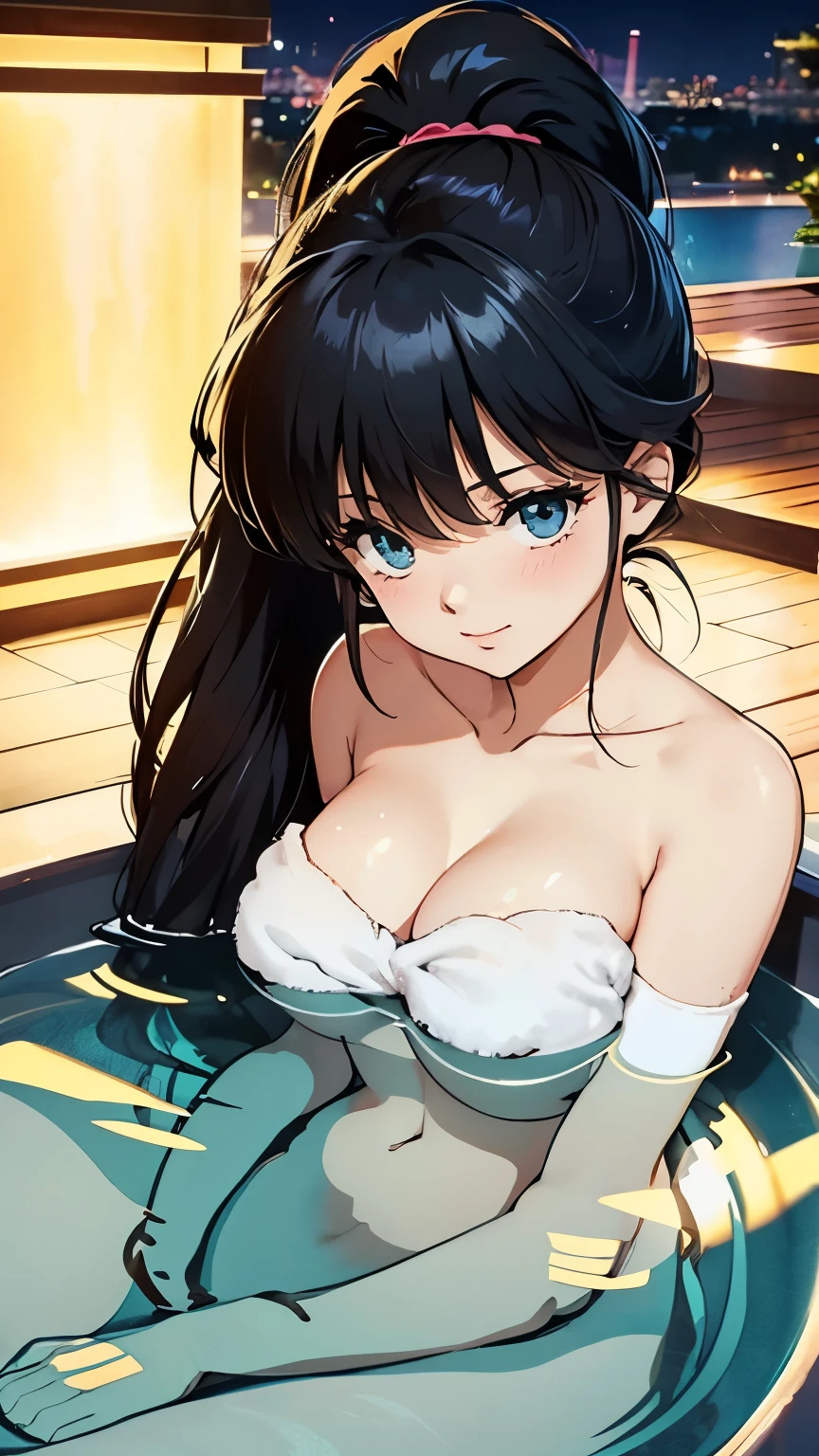 Gal、night、Open-air bath、In the bathtub、Upper Body、She is hiding her large breasts with a towel、Laughter、ponytail、Black Hair、2 times degree、Anime-style illustrations