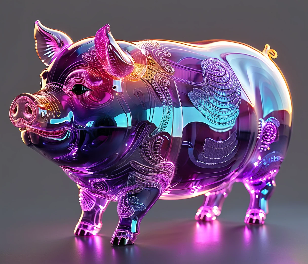 gl4ssj3m, (chubby, male, purple pig), glowneon, transparent glass sculpture, vibrant neon, hires textures, highly detailed, intricate details, best quality, masterpiece, cinematic lighting, casting a gentle glow on its surroundings, warm light, (((grey background))), detailxl