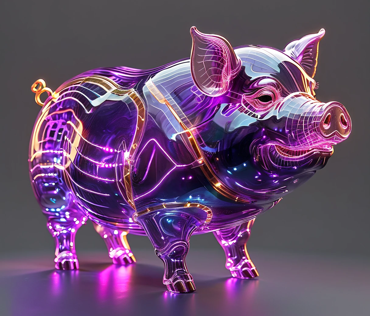 gl4ssj3m, (chubby, male, purple pig), glowneon, transparent glass sculpture, vibrant neon, hires textures, highly detailed, intricate details, best quality, masterpiece, cinematic lighting, casting a gentle glow on its surroundings, warm light, (((grey background))), detailxl