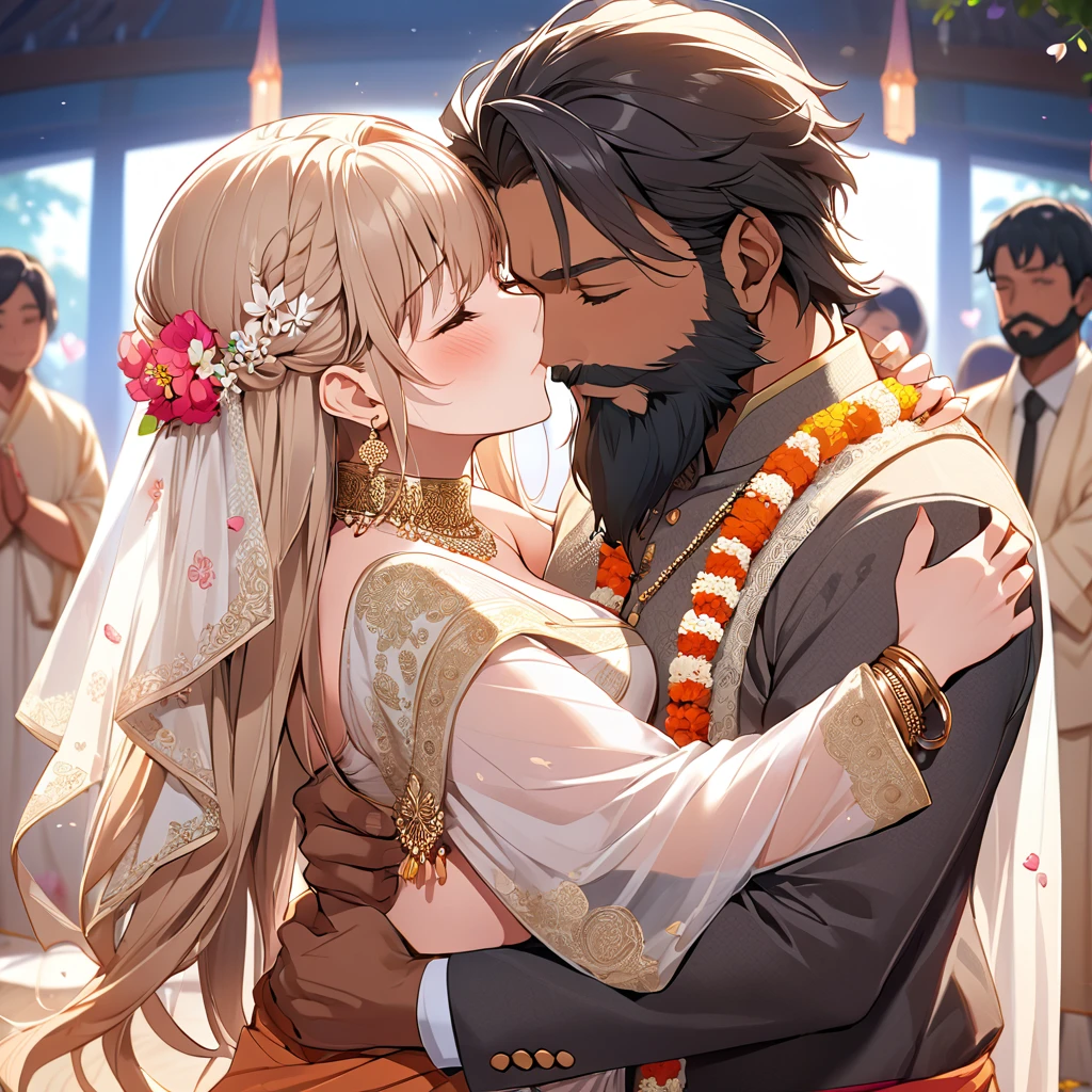 ((Highest quality)), ((masterpiece)), (detailed), （Perfect Face）The woman is Yukikaze Mizuki、The woman is wearing the traditional Indian dress, a sari.、The woman is embracing and kissing a middle-aged Indian man with a beard in their wedding ceremony.、Cute and anime-like