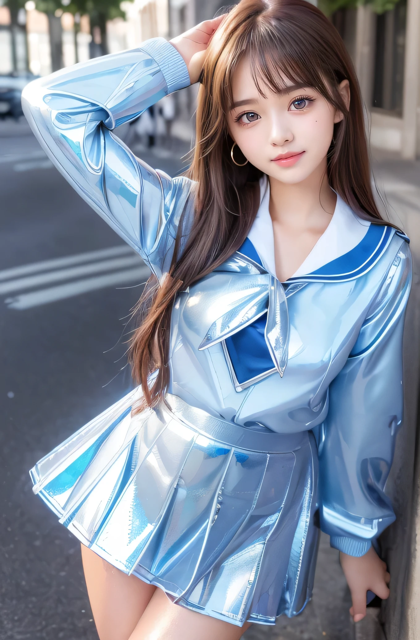 Very beautiful cute girl) (very cute face:1.2),(baby face),(sparking clear attractive large eyes:1.2), Beautiful detailed eyes, Detailed double eyelids, smiling, (realistic photograph:1.1), in the street,
(super shiny metallic light blue sailor high school uniform:1.5),(super shiny metallic light blue pleated skirt :1.1),
(brown hair:1.2),professional portrait 