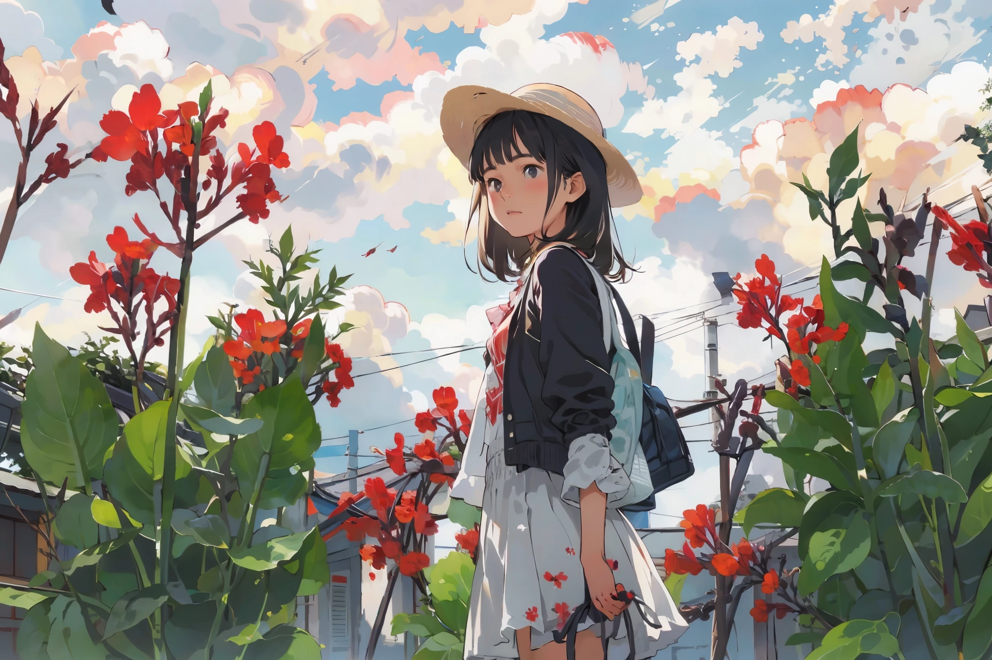 masterpiece, Highest quality,multiple, Three Girls, (countrysideのローカル線の無人駅のホームで)、(Red canna flower)、bicycle、Black Hair, short hair、Long Hair, Hair ties, hair band, hair ornaments, Straw hat、Shorts, skirt、Dappled daylight、Summer sky、White cloud、Outdoor, nature, wood々、 grassland、countryside、Suburban、