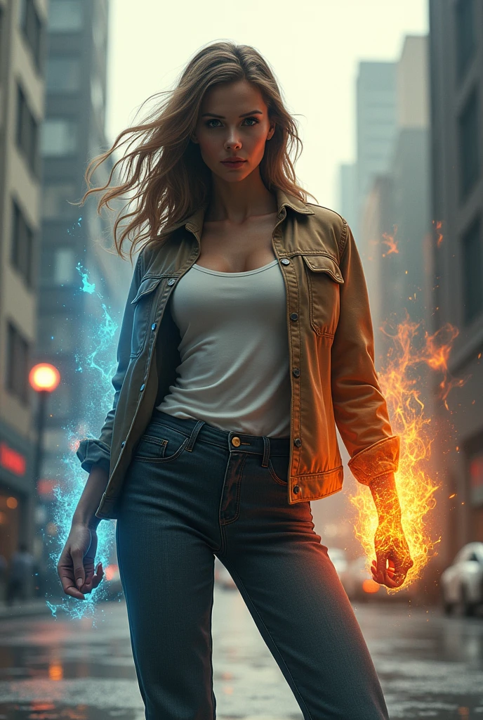 Evil teenage girl with immense power. Blonde hair and blue eyes, long legs, and glossy pink lips curled into a sadistic smile as she devastates Detroit with overwhelming energy blasts.