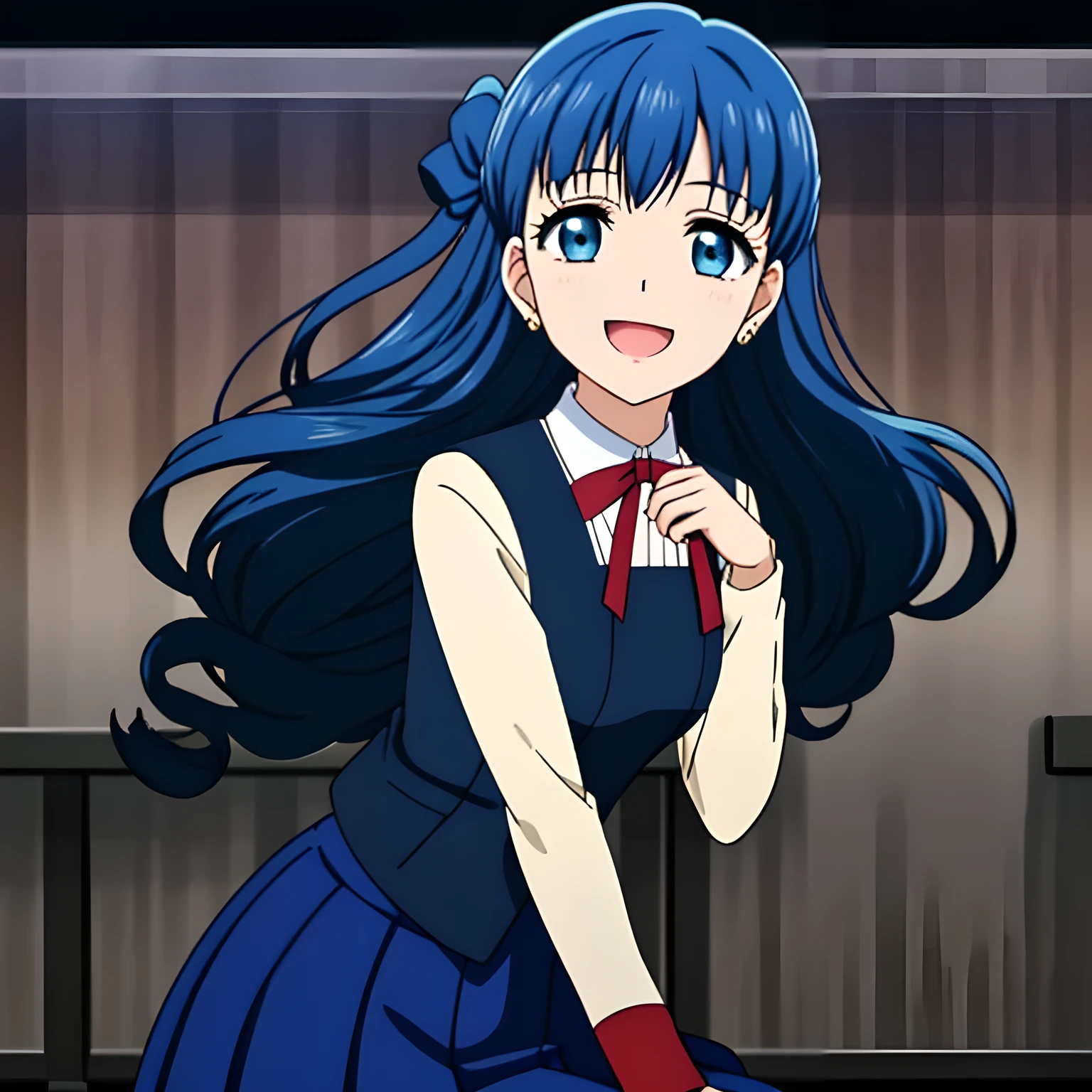 (highest quality, masterpiece, Full HD, High definition, High saturation and contrast to enhance female beauty: 1.2), (Japanese Game CG art of beautiful giggling noble elegant girl is giggling with her mouth open in chorus, charming me elegantly, Noble Elegant: 1.3), (Just one very beautiful date-game noble heroine who is looking and laughing at me, Very detailed cute noble 15yo heroine's noble eyes and face, Beautiful giggling eyes with detailed: 1.4), (Super-long bottom-eyelashes: 1.2), (Girl whom everyone loves because of her beauty and lovely fashion and noble manner and mind of evil succubus and magical-charm of evil succubus: 1.0), (Very beautiful, wavy, cutely super-super-long dark-dark-blue-dark-blue hair, with elegant hair ribbons, spreading on whole the screen: 1.3), (Laughing very beautiful and sapphire-blue mature intelligent cute-eyes which charms and enslave me inevitably, with clearly detailed: 1.4), (Eyes are clearly detailed), (very long eyelashes: 1.0), (Noble blue neat noble school uniform with a noble expensive glossy red ribbon on the chest: 1.2), (Charming neat blue & navy tartan-checkered pleated long expensive school skirt: 1.5), (Soprano singer of classic music: 1.6), (Can't stop giggling: 1.6), Clear skin, (Nothing except black background: 1.5), dark-blue hair, shot from side