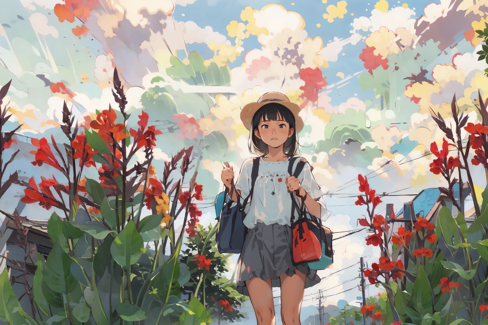 masterpiece, Highest quality,multiple, Three Girls, (countrysideのローカル線の無人駅のホームで)、(Red canna flower)、bicycle、Black Hair, short hair、Long Hair, Hair ties, hair band, hair ornaments, Straw hat、Shorts, skirt、Dappled daylight、Summer sky、White cloud、Outdoor, nature, wood々、 grassland、countryside、Suburban、