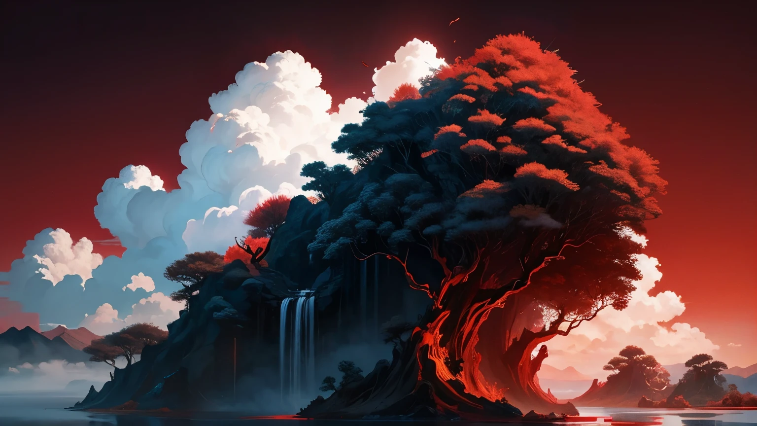In the center of the picture there is a huge Chinese Monkey King.,Cumulus clouds with lines in the sky,Cover of Chinese landscapes,Dense black and white lines form mountains and rivers,Top with red background,The color contrast is strong,