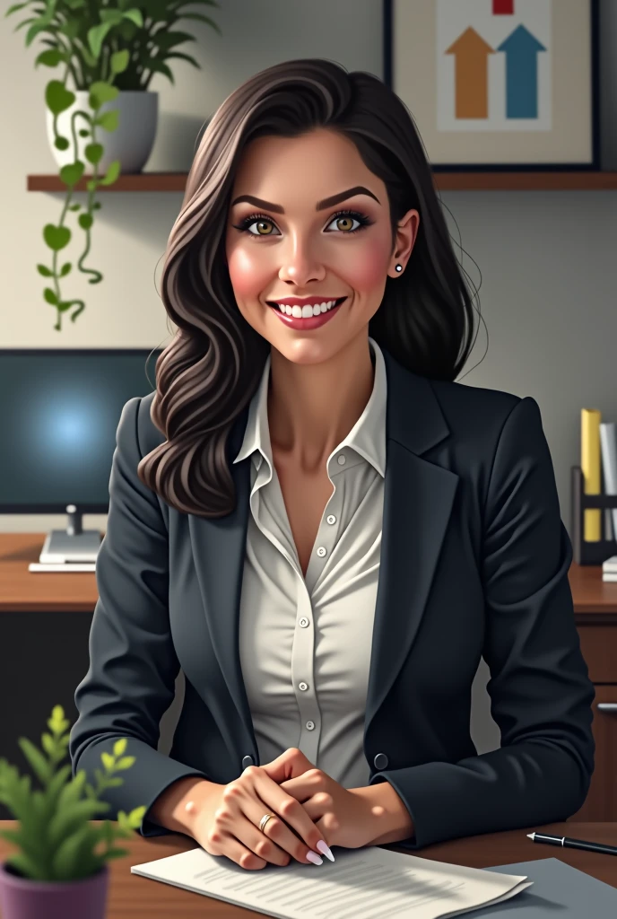a waist-length portrait of a young woman in a office shirt, smile, office, natural skin texture, 4k textures, hdr, intricate, highly detailed, sharp focus, cinematic look, hyperdetailed dime detective, cover art, illustration