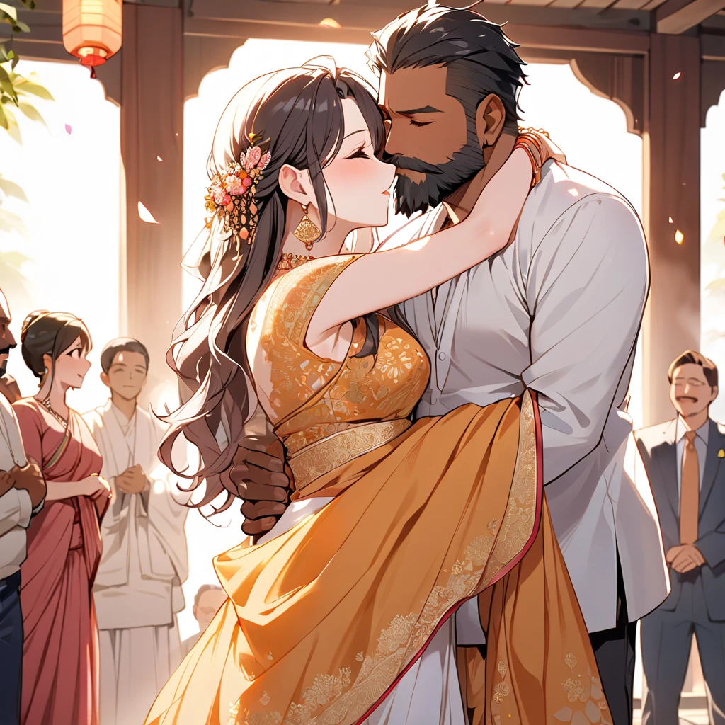 ((Highest quality)), ((masterpiece)), (detailed), （Perfect Face）The woman is Lydia、The woman is wearing the traditional Indian dress, a sari.、The woman is embracing and kissing a middle-aged Indian man with a beard in their wedding ceremony.、Cute and anime-like