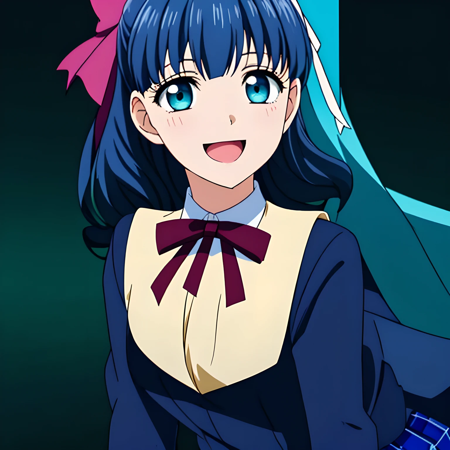 (highest quality, masterpiece, Full HD, High definition, High saturation and contrast to enhance female beauty: 1.2), (Japanese Game CG art of beautiful giggling noble elegant girl is giggling with her mouth open by laughter, charming me elegantly, Noble Elegant: 1.3), (Just one very beautiful date-game noble heroine who is looking and laughing at me, Very detailed cute noble 15yo heroine's noble eyes and face, Beautiful giggling eyes with detailed: 1.4), (Super-long bottom-eyelashes: 1.2), (Girl whom everyone loves because of her beauty and lovely fashion and noble manner and mind of evil succubus and magical-charm of evil succubus: 1.0), (Very beautiful, wavy, cutely super-super-long dark-dark-blue-dark-blue hair, with elegant hair ribbons, spreading on whole the screen: 1.3), (Laughing very beautiful and sapphire-blue mature intelligent cute-eyes which charms and enslave me inevitably, with clearly detailed: 1.4), (Eyes are clearly detailed), (very long eyelashes: 1.0), (Noble blue neat noble school uniform with a noble expensive glossy red ribbon on the chest: 1.2), (Charming neat blue & navy tartan-checkered pleated long expensive school skirt: 1.5), (Soprano singer of classic music: 1.6), (Can't stop giggling: 1.6), Clear skin, (Nothing except black background: 1.5), dark-blue hair, shot from side