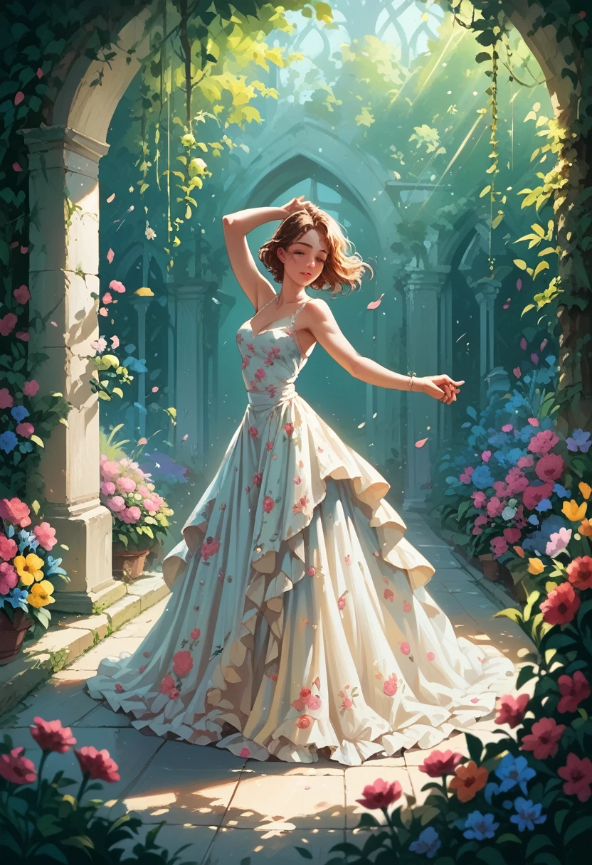 in the garden, full of flowers, Under the sunlight, ***********s in floral dresses dancing