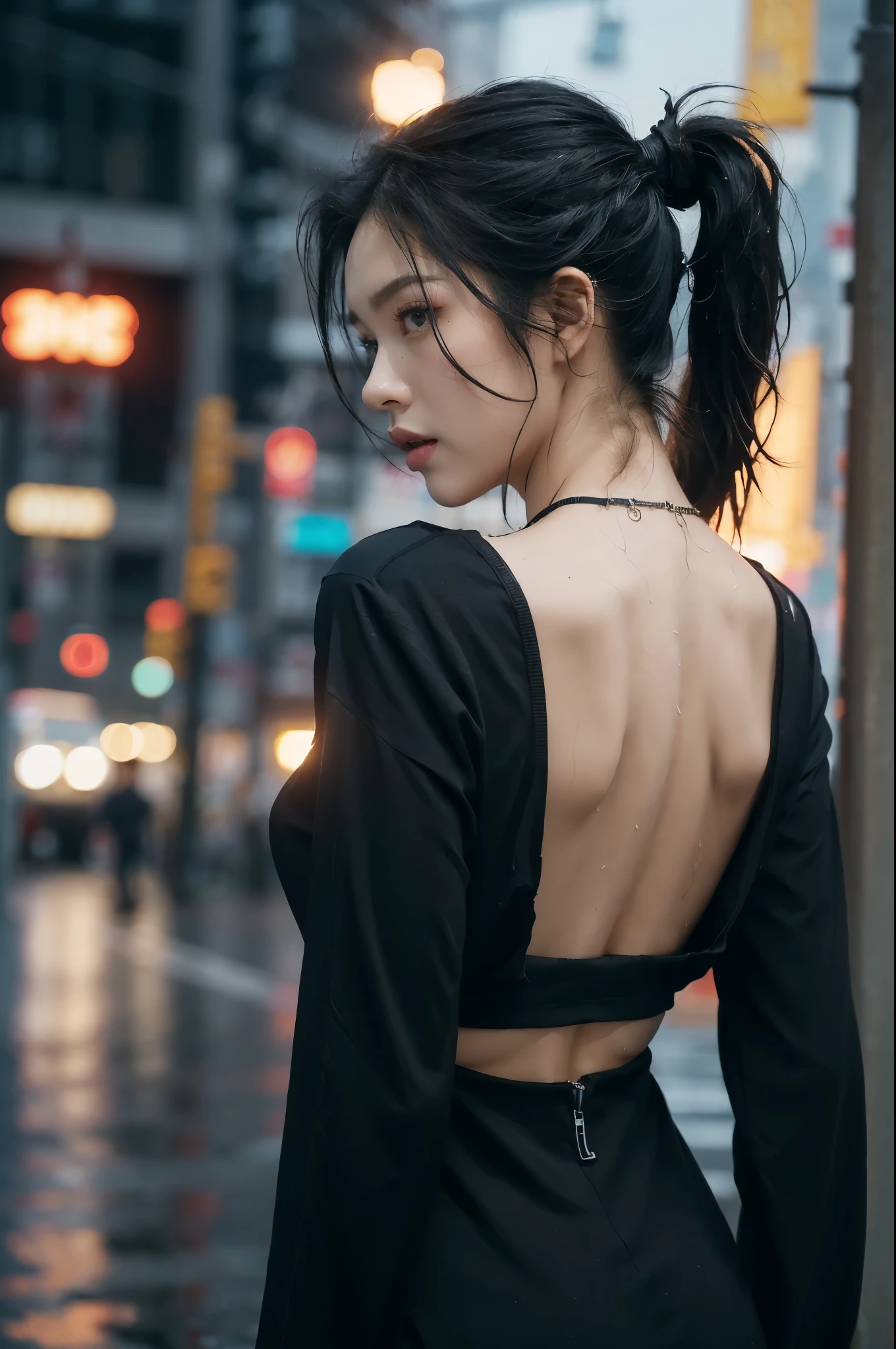 (((best quality))),(((ultra detailed))),(((masterpiece))),illustration,1girl,slim,vibrant rose-pink cotton dress,short ponytail,pantyhose,standing, bustling city streets, honking cars,surrounded by crowded crowds, colorful advertisements,enjoying sights and sounds,(dark black skin:1.5),day scene,upper body,from front,bare back,towering hips,butt crack