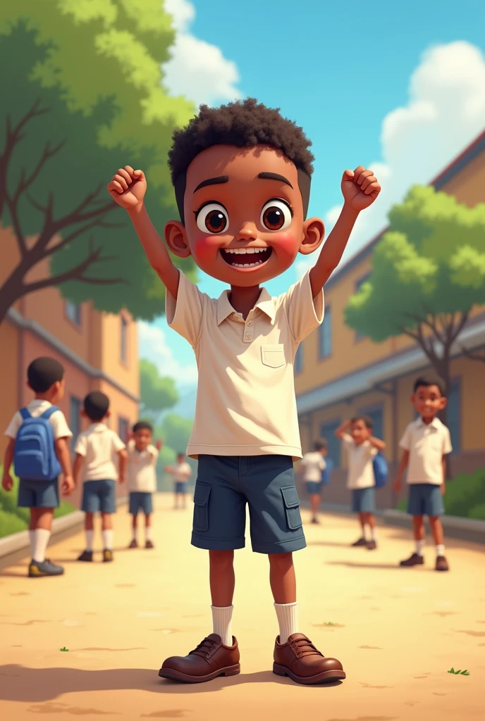 draw for me a little lower primary somali boy wearing school uniform. he is celebrating by to be number one