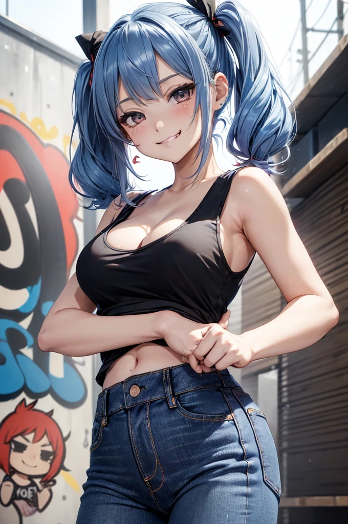 score_9, score_8_up, score_7_up, BREAK from front, ,macro shot,1girl,bulma, blue eyes, blue hair,bare shoulders, belt, cleavage, hair bobbles, hair ornament, hair over shoulder, ,large breasts,midriff, navel, one side up, red tube top, shorts, side ponytail, (strapless, tube top,under_boob:1.2),(arms up,arms up behind,contrapost,standing),UHD,HDR,bestquality,