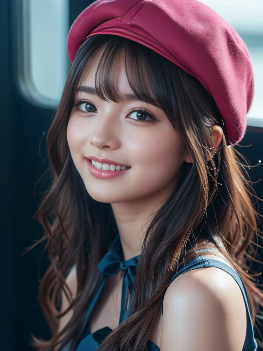 (8k, RAW Photos,Highest quality, High resolution:1.1), (Ultra-realistic:1.4),(Realistic, Realistic:1.3),The Beauty of Japan、1 person、(smile:1.1))、beret, Pink and black dress, Blonde hair and blue eyes, Highly detailed eyeglasses
