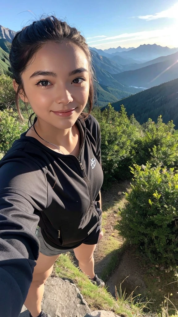 asian girl hiker, sweaty wet shiny skin, backpacker hiking in mountain trail, wet messy hair