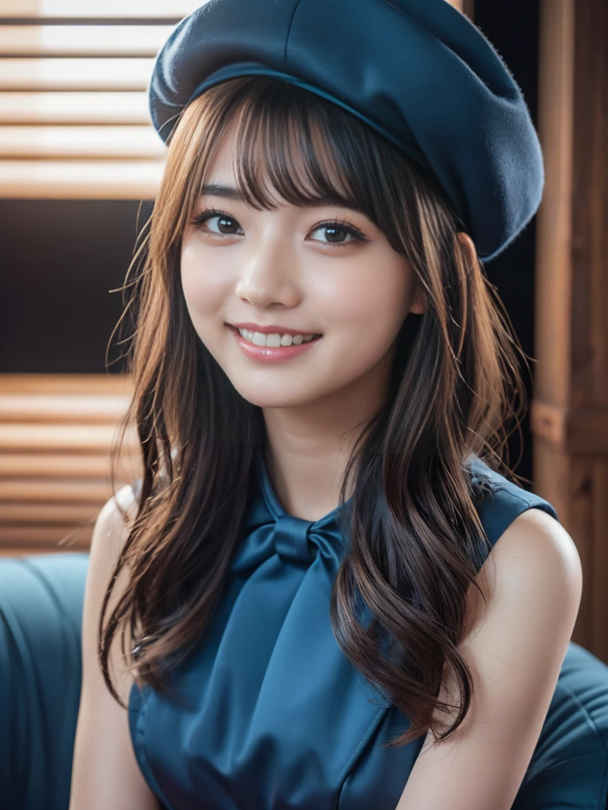 (8k, RAW Photos,Highest quality, High resolution:1.1), (Ultra-realistic:1.4),(Realistic, Realistic:1.3),The Beauty of Japan、1 person、(smile:1.1))、beret, Pink and black dress, Blonde hair and blue eyes, Round Glasses：1.2
