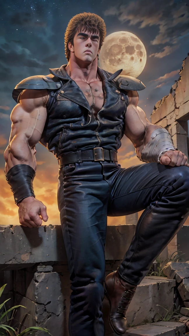 8k images、Realistic、Kenshiro of Fist of the North Star(:1.5)、Muscular、Fearless Face、Bad mood、Open your eyes、look down、Looking down、Blue-black leather jacket、Red undershirt、ruins、strobe、Photograph from the feet up、Combative posing、Standing、Intimidation、Giant Moon、