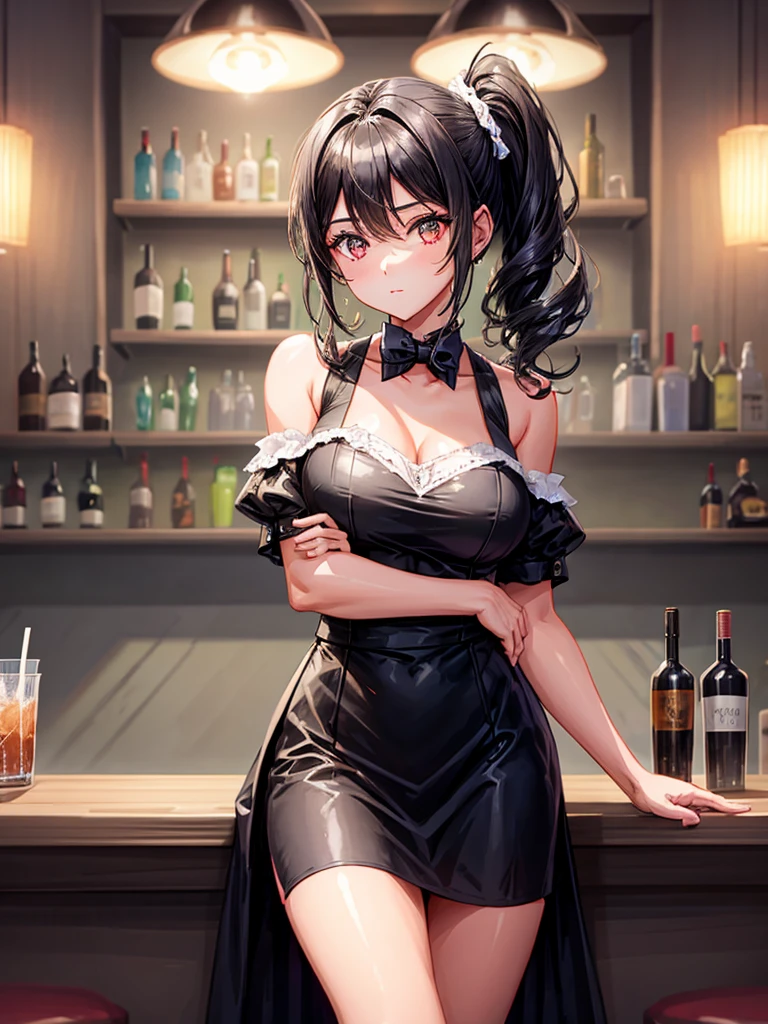 (from above:1.1),(from side:0.9), ((Face)), (Close-Up:0.4), masterpiece,"A 22-year-old girl stands at a bar counter. She is dressed in a stylish off-shoulder dress, sweater dress, off-shoulder sweater, white sweater,garter stocking, black skirts, white thighhighs, thigh strap, pretty girl, (highly detailed beautiful face and eyes,firm breasts),real skin,((black,hair,long pony tail hair)),thin pubic hair,cute and lovely pose, detailed eyes, This masterpiece is only visually stunning but also tells,(double breasted:0.6,under bust:0.6,cleavage:1.1,),(small breasts:1.2),(perky chest:1.1), (pointed chest:1.3), medium hips, glamorous body,(with sparkling eyes and a contagious smile),open mouth,The bar is beautiful, with colorful bottles of alcohol in the background and a soft glow from neon lights. The atmosphere is relaxed, and the girl looks confident and fashionable.",full body, sexy pose,make a cocktail , in a bar counter, Looking at Viewer,