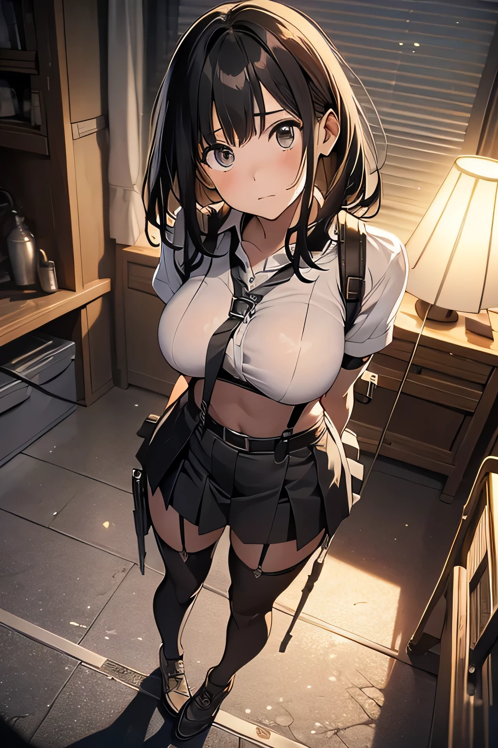 high quality, masterpiece, Ultra-high resolution, (Realism: 1.4), Oil painting style, Cinema Lighting, , I stood on the empty asphalt road and looked at it.., And suspenders with flying cranes Large Breasts Small face holster Lying in bed look up Sweat belt buzzer 脇Sweat Black Hole Gloves suit mini skirt garterbelt Leg Links Belt on trousers holster fold your hands behind your back Anxious expression look up Anxious face Knee-length Knee socks Knee-length socks garter belt garter Garterbelt on thighs, hands behind back Constraints handcuffs Cable ties Cable ties on thumbs