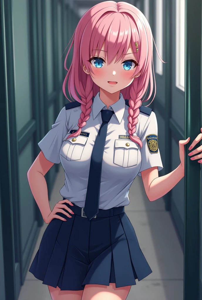 masterpiece、highest quality、Very detailed、Photograph the upper body、1 female、(Put your arms behind your back:1.2)、Are standing、Turn your body forward、View your viewers、(light blue police woman costume:1.4)、break,blush、shy、Pink Hair、Open your mouth、Inside a police car、Big Breasts、