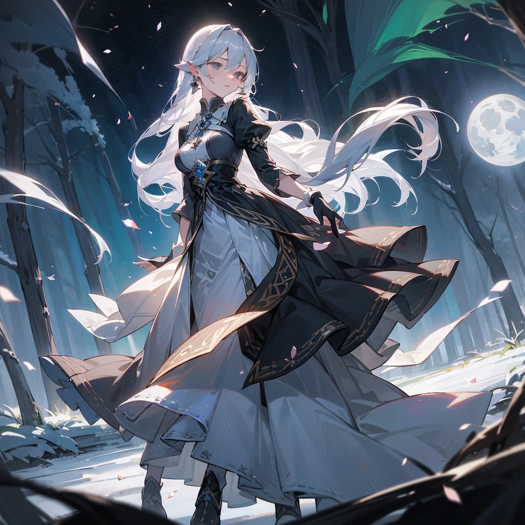 (One woman), ((Ephemeral)), Flower petals are dancing, (((No expression))), Moonlit night, Super long silver hair, Silver eyes like aurora, Noble, Noble, Long sleeves, Black, Long skirt, cool, big moon, in the forest, night sky, black gloves, silver earrings, ((not exposed))