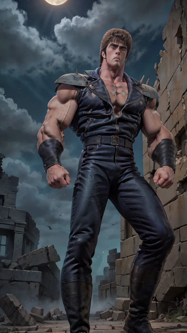 8k images、Realistic、Kenshiro of Fist of the North Star(:1.5)、Muscular、Fearless Face、Bad mood、Open your eyes、look down、Looking down、Blue-black leather jacket、red_Undershirt、ruins、strobe、Photograph from the feet up、Combative posing、Standing、Intimidation、Giant Moon、Leather boots、