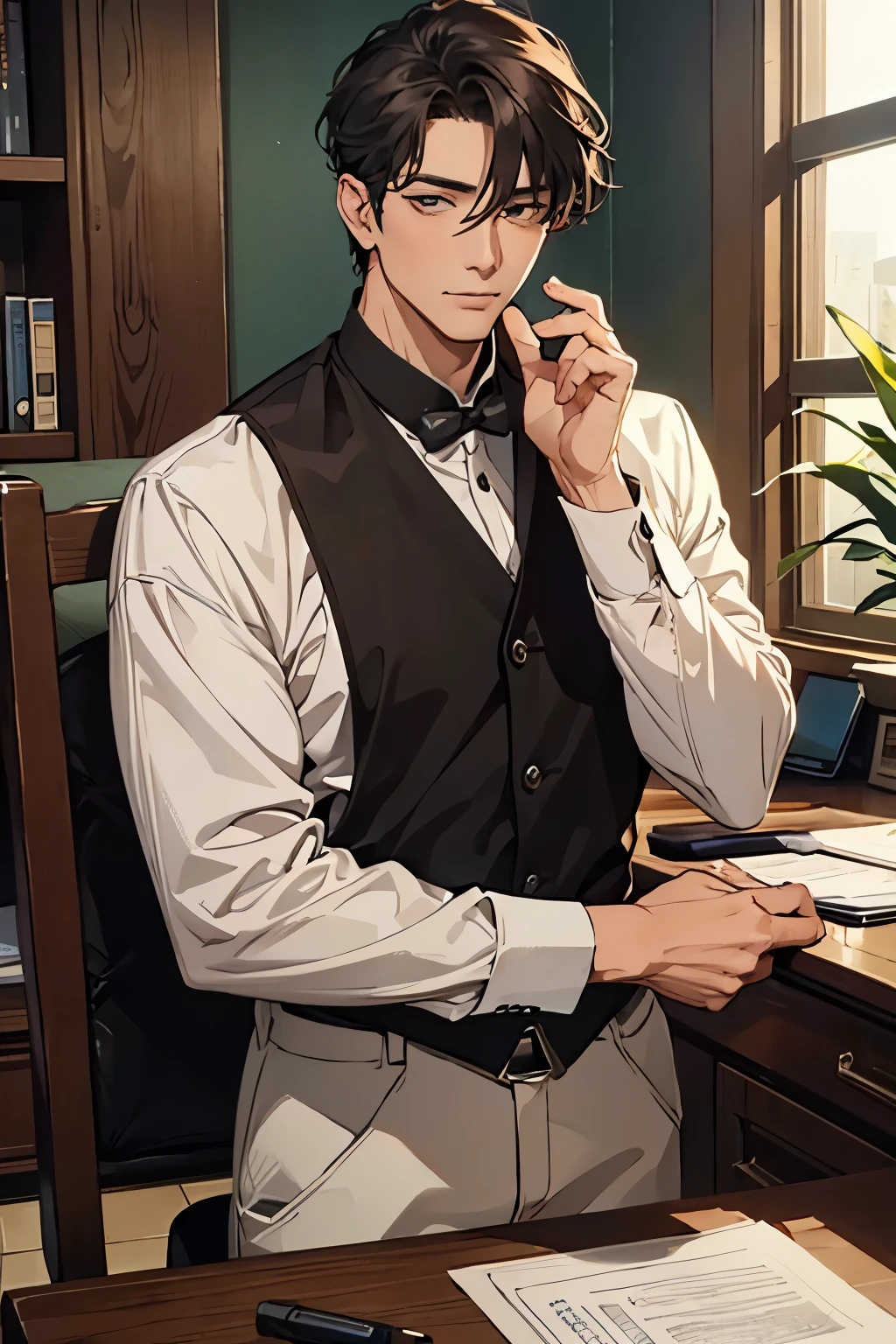 （1 Adult male），A high resolution， Sharp focus， Pixiv masterpiece， （（Complicated details））， highly  detailed， natsuki_subaru， 1 man， with her mouth open，full bodyesbian，sit astride， Blue eyes（glowing light eyes）， with short white hair，white  shirt，Wear a tie，Wear a belt，perspire，look from down