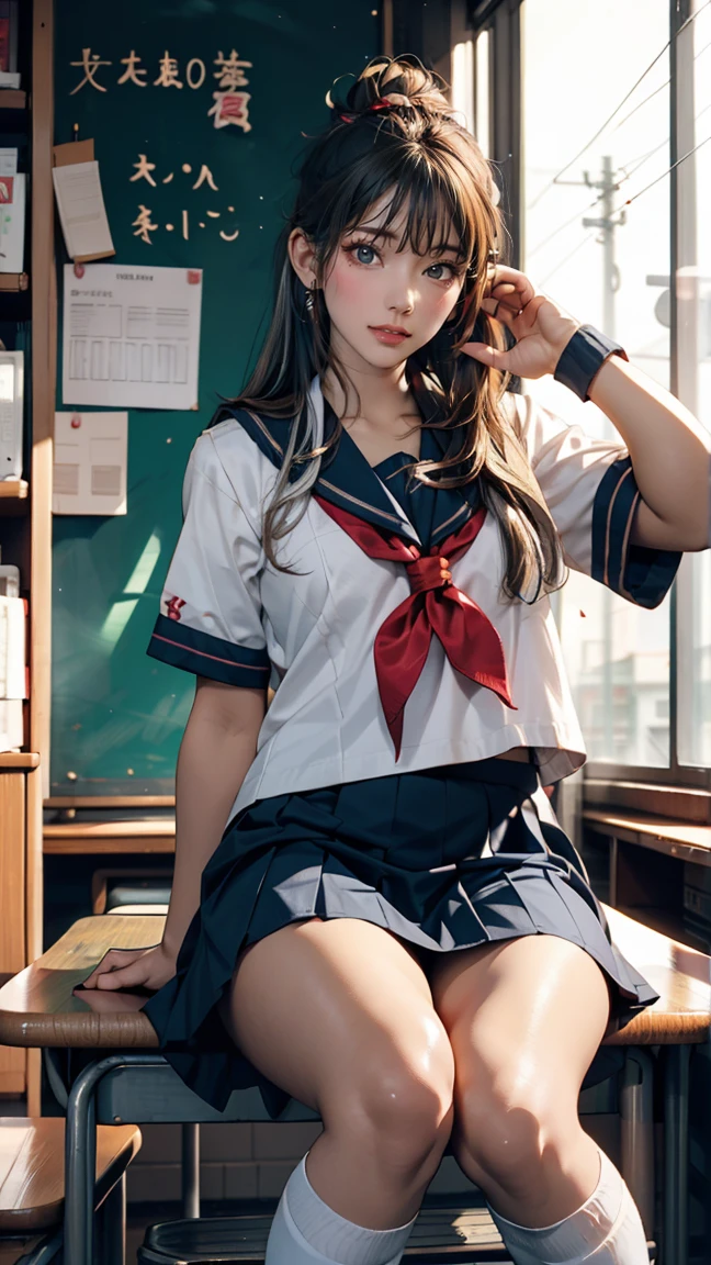 time々Arya next to me is whispering in Russian.、Russian women、high school girl、Sailor suit、mini skirt、Knee-high socks、Silver Hair、In the back of a Japanese high school classroom、Please sit down、smile