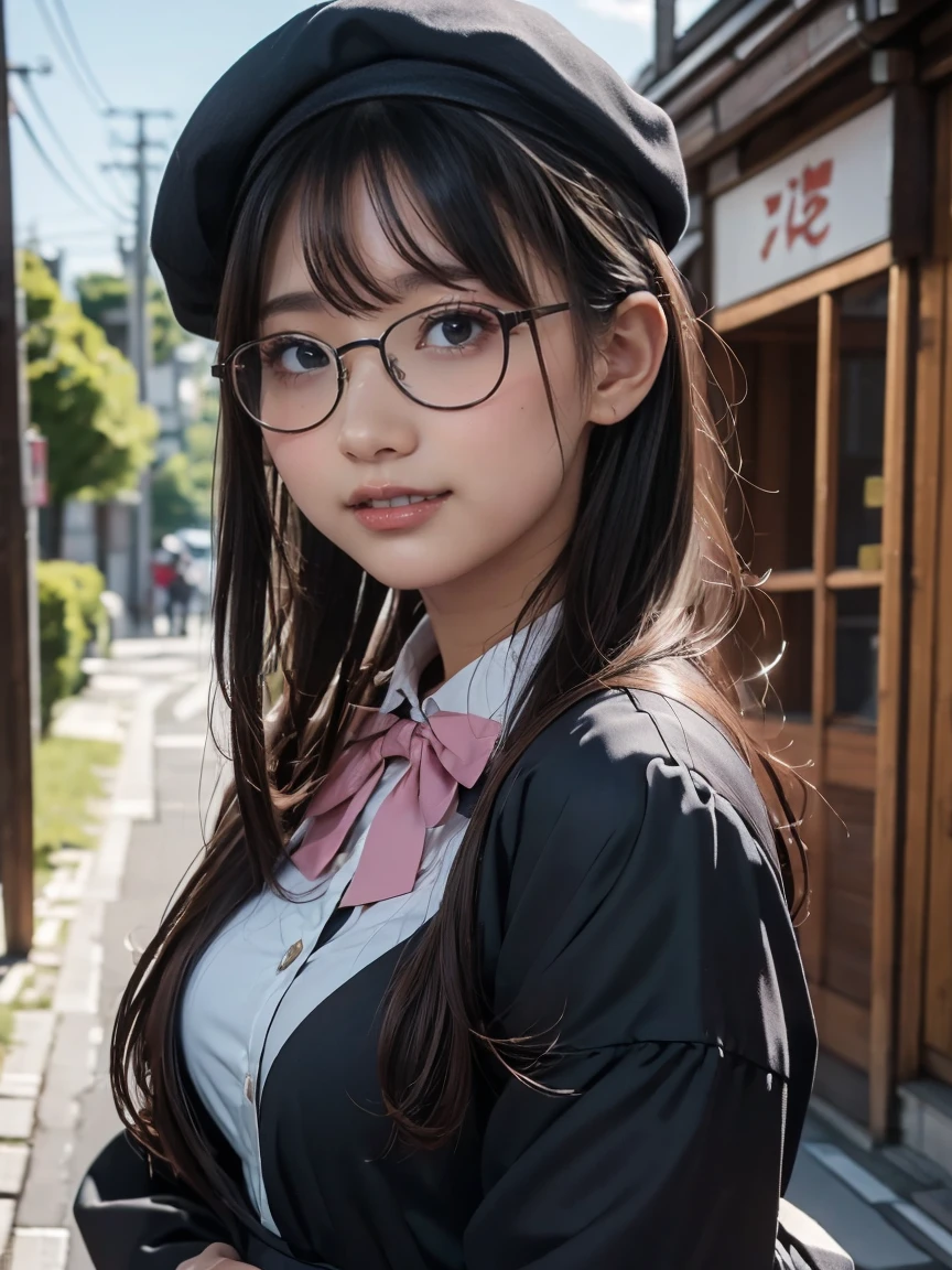 (8k), best quality, (photorealistic, real: 1.2), 1 girl, solo, detailed face, standing, black hair, (hair ornament: 1.35), (viewer view: 1.5), (small breasts, chest: 1.3), short brown hair, black eyes, bangs, lips, red glasses, sailor suit, high school student, 32K UHD