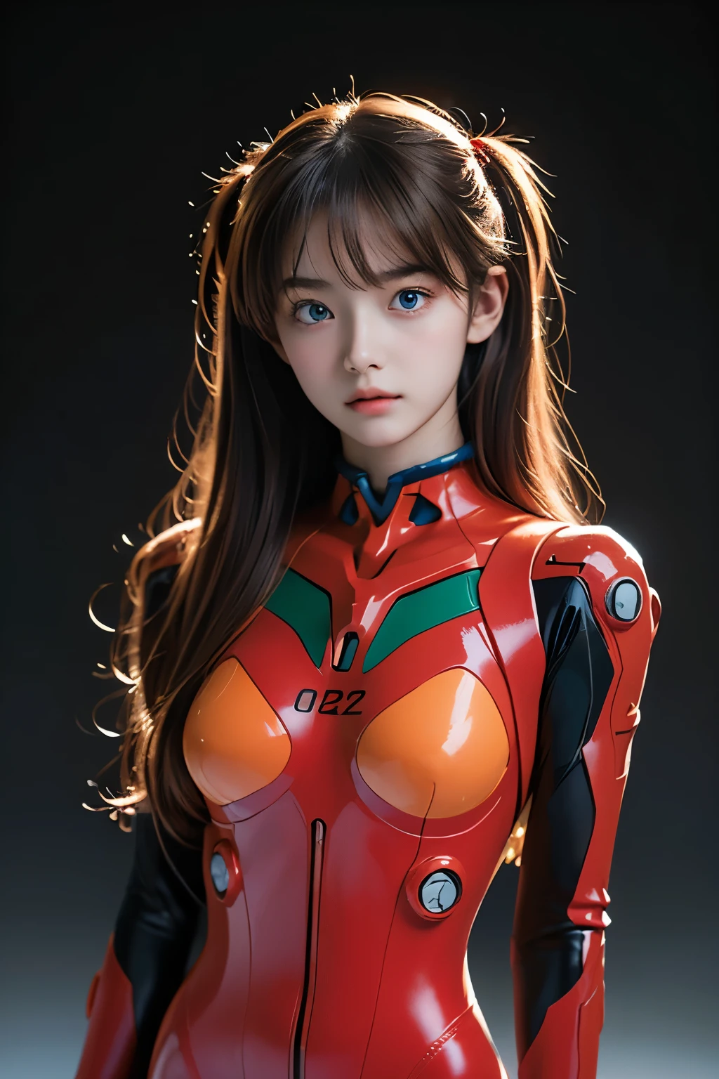 Ultra realistic and extremely detailed image of a full body ponytail woman wearing a tight, vibrant red body suit reminiscent of Evangelion. Her hands, meticulously rendered with intricate lines and wrinkles, rest on her hips. Her large, detailed eyes, filled with depth and emotion, gaze directly at the viewer. The ponytail made of glossy black hair cascades down her back, adding to the overall allure of the masterpiece. This high definition, gold ratio image showcases the woman's toned figure, accentuating her curves and muscular definition, making for an awe-inspiring piece of art.