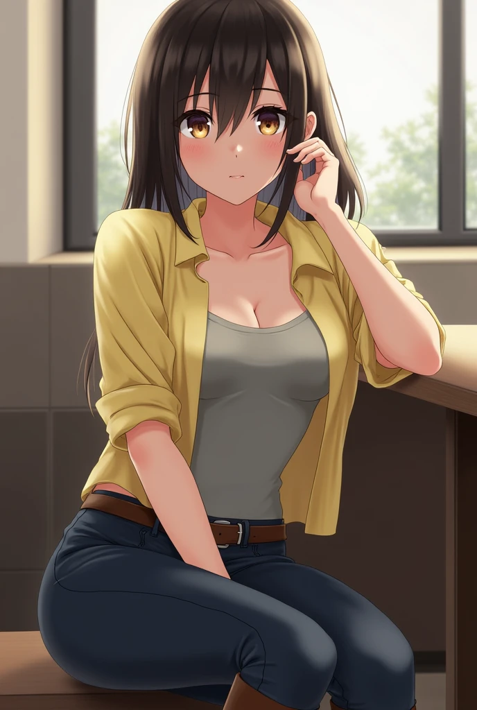 1girl, 34yo sofia takigawa_jav, breasts, eyelashes, looking at viewer, cowboy shot, sitting, crossing legs, dynamite lighting, attractive body, wearing office attire, white blouse, light blue singlet, belt, black pants, brown knee heel boots 
(ulzzang-6500:0.0), (ultimate quality, masterpiece, highres:1.0), (photorealistic, realistic:1.9),  nice hands, 