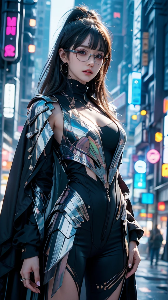 UHD, accurate, ((masterpiece)), ((high details)), high quality, textured skin, high detailed face, Cyberpunk, inhabitant of the digital world, Mechanical wings that mimic those of a swallowtail butterfly, iridescent metal suit, Colorful costumes, backgrounds (a string of mathematical formulas, endless source code), navy hair, blunt bangs, expressive hair, Glasses, glasses(Wellington model), Long, slender limbs