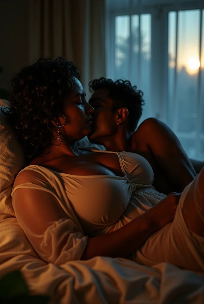 (photorealism:1.2), Beautiful very Young Girl with Curly hairs and eye glasses, Lying Nude on Bed with Breasts half covered in Bed sheets, Making Love with a Fat Old Black Man on bed, Dim light in the room, Rain pouring outside the window.