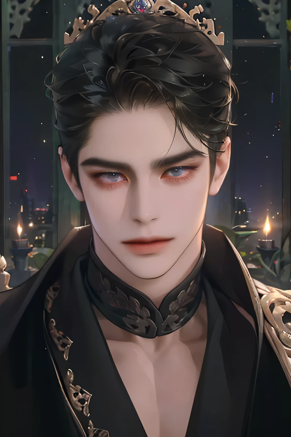 a serious man, wearing a black royal javanese style suit, dark purple eyes, black short swept hair, sitting on a throne, temple scenery, serious, mouth closed, light smile but angry face,cold face, stern look, full standungbody, fair skin, manly face, (best quality,4k,8k,highres,masterpiece:1.2),ultra-detailed,(realistic,photorealistic,photo-realistic:1.37),HDR,UHD,studio lighting,ultra-fine painting,sharp focus,physically-based rendering,extreme detail description,professional,vivid colors,bokeh,portrait