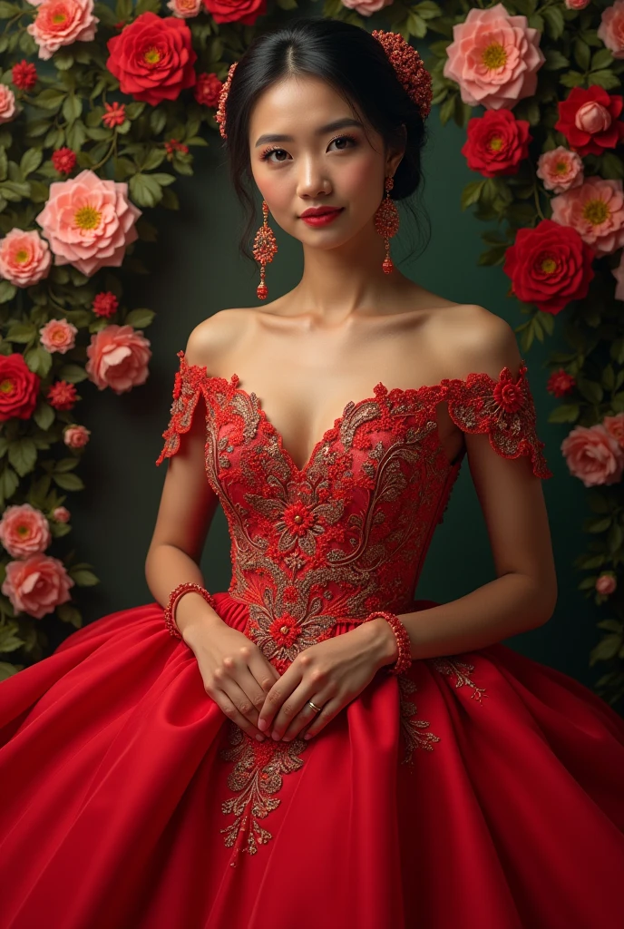 eautiful realistic woman, detailed face, crystal clear amber eyes, red lipstick, flowing brown hair, dry red flower in her hair, delicate earrings and necklace, bright floral satin red dress, low cut, with exposed shoulders, sensation of movement, strong lighting dark, house background made of old material, (((flowers in the window and blurred garden))), bokeh, alcohol ink, a masterpiece.