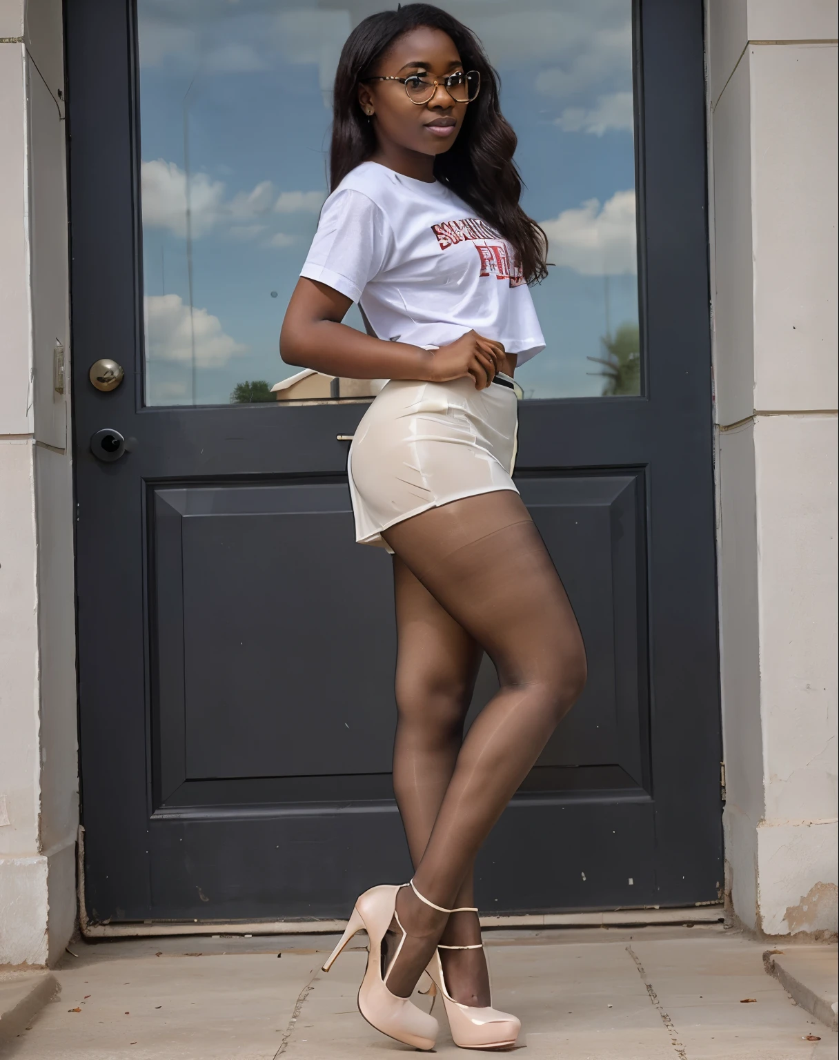 cinematic photo <lora:quiron_ChristenCourtney_v1_Lora:0.77> ChristenCourtneyQuiron woman wearing Striped wide-leg pants, white t-shirt, espadrille wedges and Cargo shorts: Knee-length shorts with multiple pockets., arm at side, . 35mm photograph, film, bokeh, professional, 4k, highly detailed