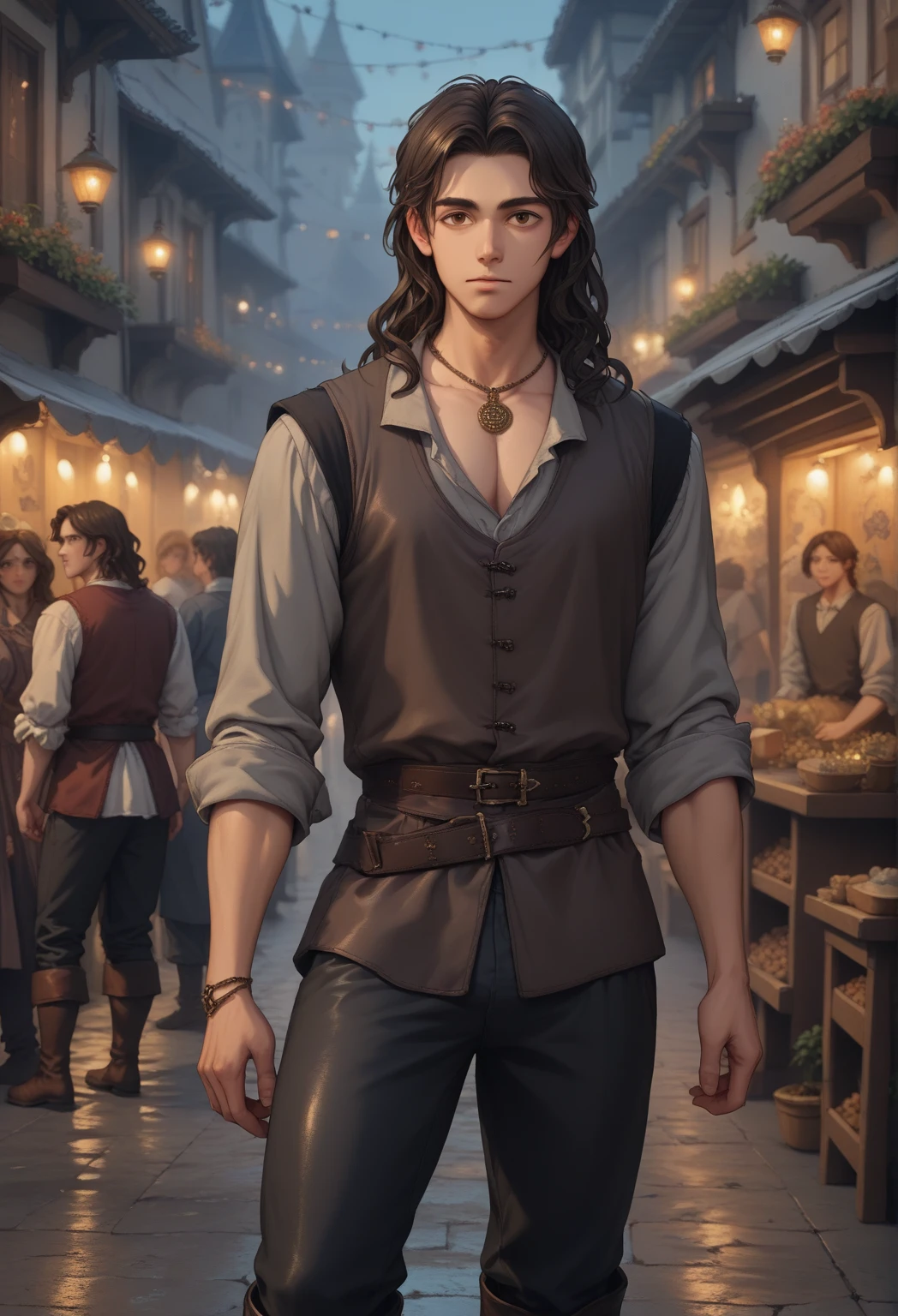 masterpiece, safe, best quality, expressive eyes, perfect face a young anime man with long hair of shoulder length falling in messy waves, dark brown hair. brown eyes. in renaissance, historical, fantasy standing in a festival town at night time with a calm expression. He wore his grey tunic with a leather vest, leather buckled belt, along with black pants and boots, with a silver medallion hanging around his neck.