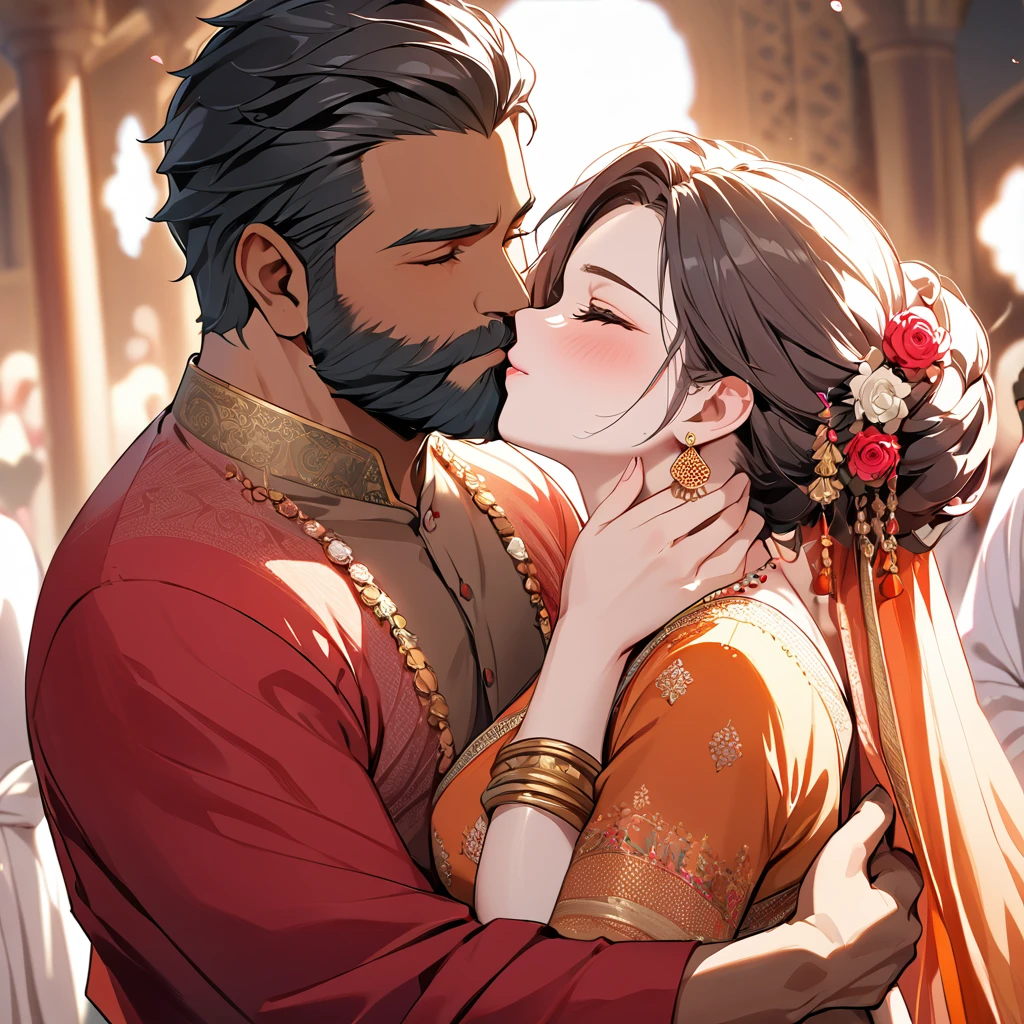 ((Highest quality)), ((masterpiece)), (detailed), （Perfect Face）The woman is Lydia、The woman is wearing the traditional Indian dress, a sari.、The woman is embracing and kissing a middle-aged Indian man with a beard in their wedding ceremony.