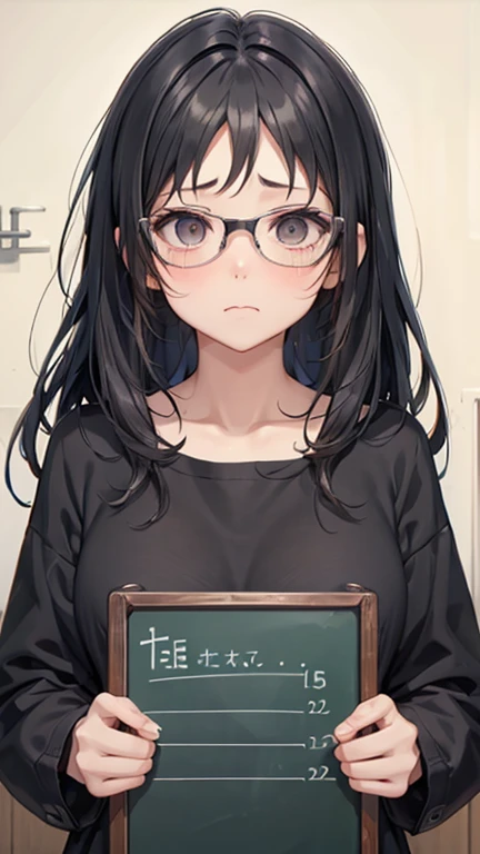 naked、nude、older sister、cool、Big Tits、Sad face、Crying face、Black Hair、Long Hair、Hair tip perm、Shaggy Hair、Bedhead、Droopy eyes、Kind eyes、Glasses、frontview、The background is a blackboard
