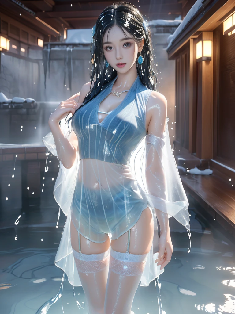 A Chinese girl with a beautiful face, Wearing a slightly see-through swimsuit, No underwear
(((night, Doomsday building ruins, Hot spring at night, Small animals))), 
((8K Ultra HD, 8K, Ultra-high resolution, best quality, Super Fine, Clear focus. Masterpieces, complete pattern, Ultra HD, Detailed photos, Best image quality，Ultra-clear，Delicate facial features，Well-defined, Highly rated works)), 
((Creating the image of a real girl), Realistic shadows, Soft lighting, Dynamic Angle, Dynamic poses, Elegant Posture, Cowboy lens, Full body front view, Be confident, Facing the camera, Eyes looking towards camera lens, Standing posture, Open your legs slightly, Golden Ratio Graphics, Minimalism, Center the character), 
( Smile, Sexy的, Balanced Eyes, Realistic eyes, eyes in beautiful detail,Pretty Face, (Realistic face), Normal facial features, Realistic skin, Attention to skin details, Skin is clean and radiant, Whitening, Anatomically correct body, Golden ratio figure, Sexy的身材), 
(Perfect makeup, Gloves, earrings, bracelet, necklace, Jewelry, Hair accessories, veil, shawl, sock, Knee socks, 吊garter, Leg ring, garter, 腿部garter), 
((beautiful hair), Deep black hair, Wavy curly hairstyle, Waist-length hair, Messy Hairstyle, Gradient hairstyles, Cyberpunk hairstyle), 
((Transparent clothes: 0), (Revealing clothes: 1.5), (Color of clothes: blue), (Wet clothes:1.5), Wearing slightly see-through clothing), 
(Sexy的, Perfect breast shape, Teardrop chest shape, Snow-white breasts, very detailed breasts, 36B cups), 
(Super high waist, Deep V, Low-cut, Sexy, Flattering, Open crotch, (Camel toe, High fork strangulation))