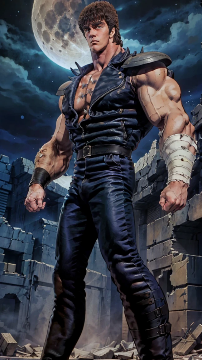 8k images、Realistic、Kenshiro of Fist of the North Star(:1.5)、Muscular、Fearless Face、Bad mood、Clear eyes、look down、Looking down、Blue-black leather jacket、red_wear an undershirt、、ruins、strobe、Photograph from the feet up、Combative posing、Standing、Intimidation、Giant Moon、Leather boots、