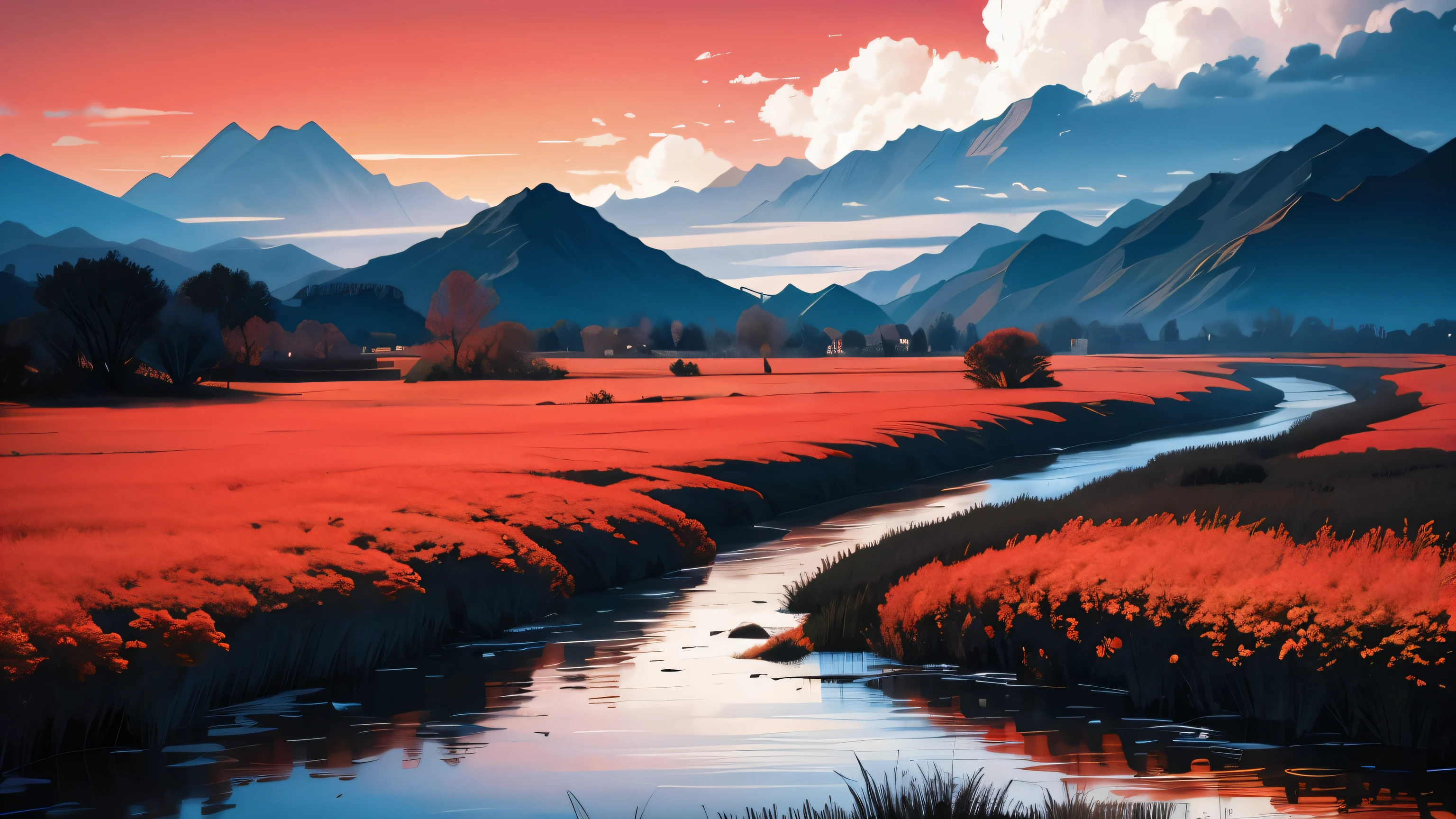 Abstract Painting，Cumulus clouds with lines in the sky，Cover of Chinese landscapes，Dense black and white lines form mountains and rivers，Top with red background，The color contrast is strong，