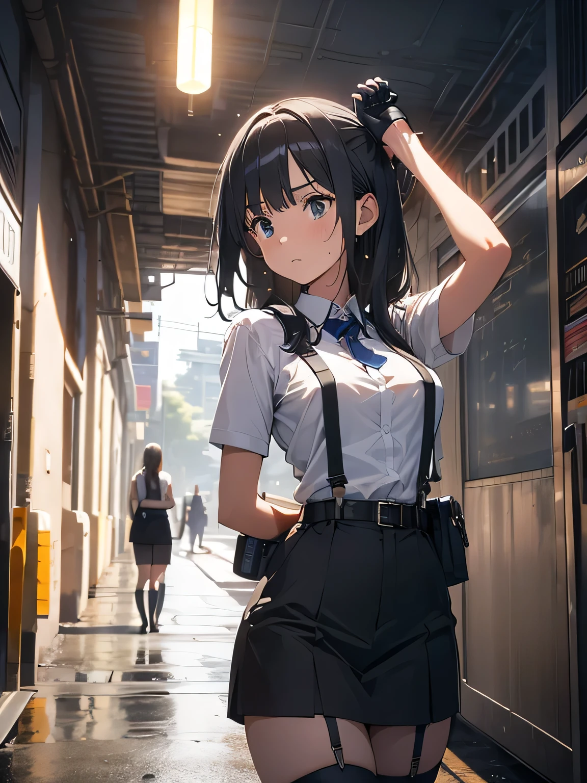 high quality, masterpiece, Ultra-high resolution, (Realism: 1.4), Oil painting style, Cinema Lighting, , I stood on the empty asphalt road and looked at it.., And suspenders with flying cranes Large Breasts Small face holster Lying in bed look up Sweat belt buzzer 脇Sweat Black Hole Gloves suit mini skirt garterbelt Leg Links Belt on trousers holster fold your hands behind your back Anxious expression look up Anxious face Knee-length Knee socks Knee-length socks garter belt garter Garterbelt on thighs, hands behind back Constraints handcuffs Cable ties Cable ties on thumbs