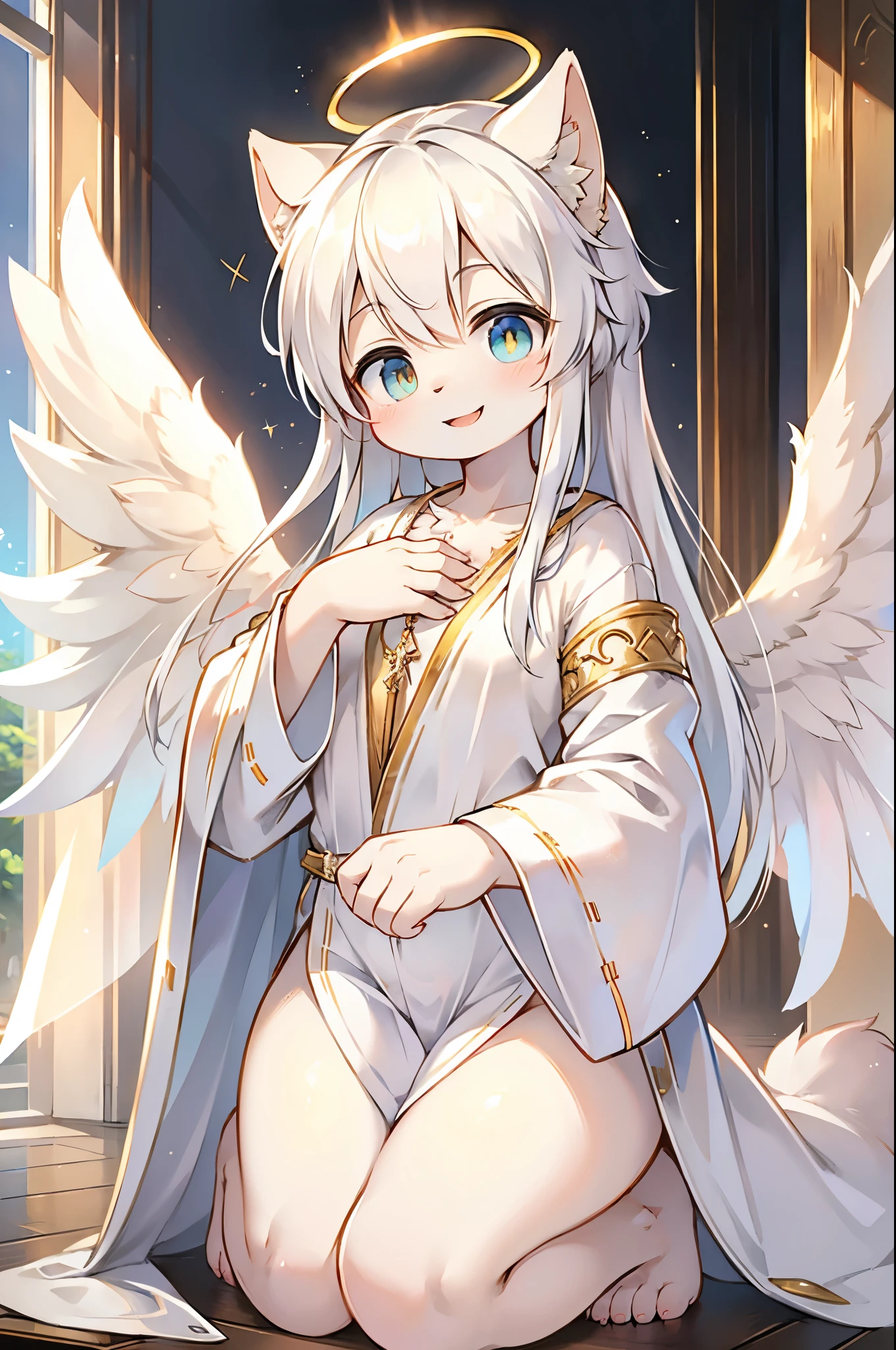 NSFW,masterpiece,Highest quality,High resolution,Very detailed,Girl,Silver Hair,long hair,Golden Eyes,Small breasts,Short height,Angel,wing,A dazzling long dress,Silk dress,gem,Decoration,Temple of the Night,Starry Sky,Ancient,Bad Smile,provoke