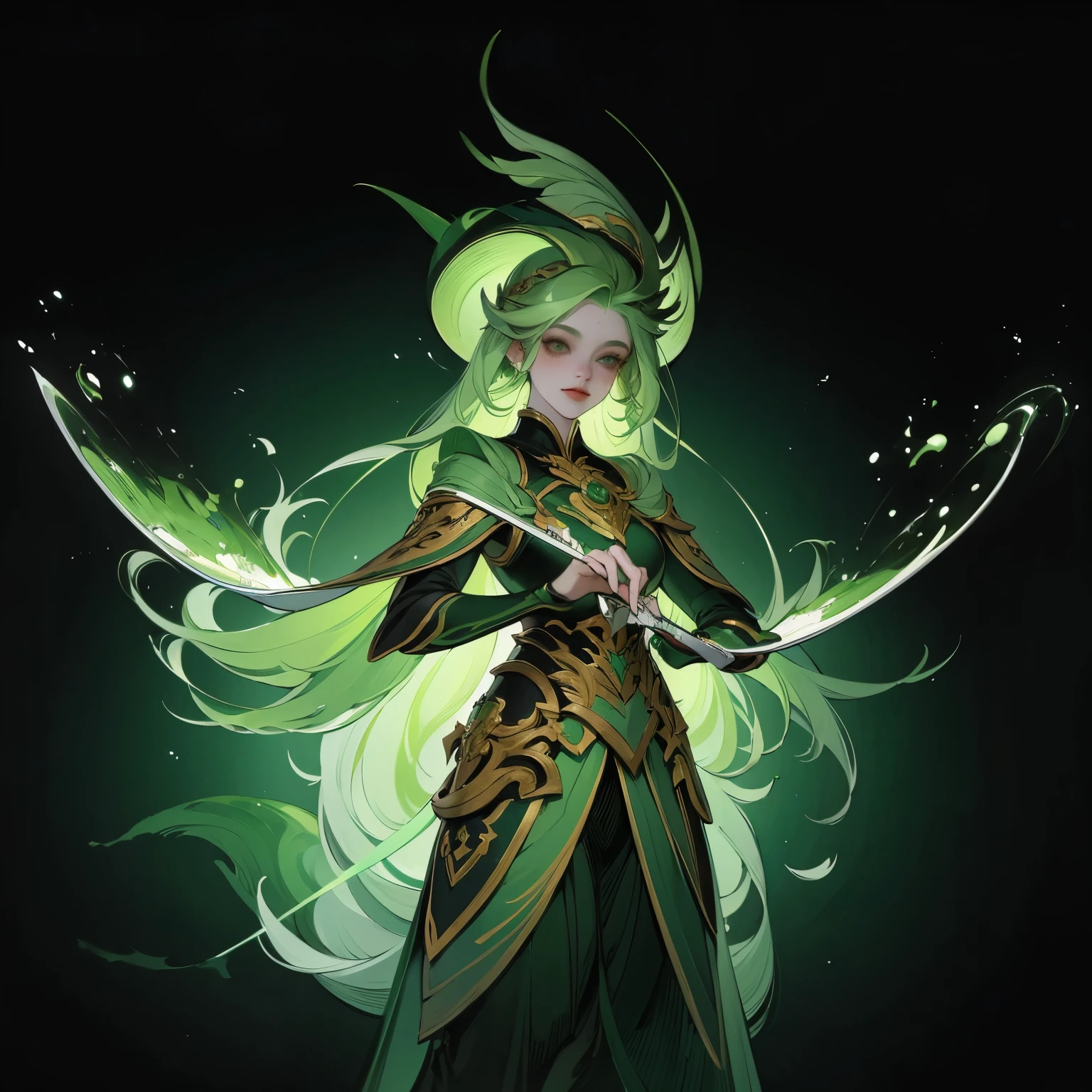 masterpiece, Green hair standing in the room、Girl with green hat, Ink Art, Style Art, Elf Girl, murata and artgerm series, very warm, Weiwei, Art style, League of Legends style, Ruan Jia and Artgerm, Art Jem Style, ! dream art