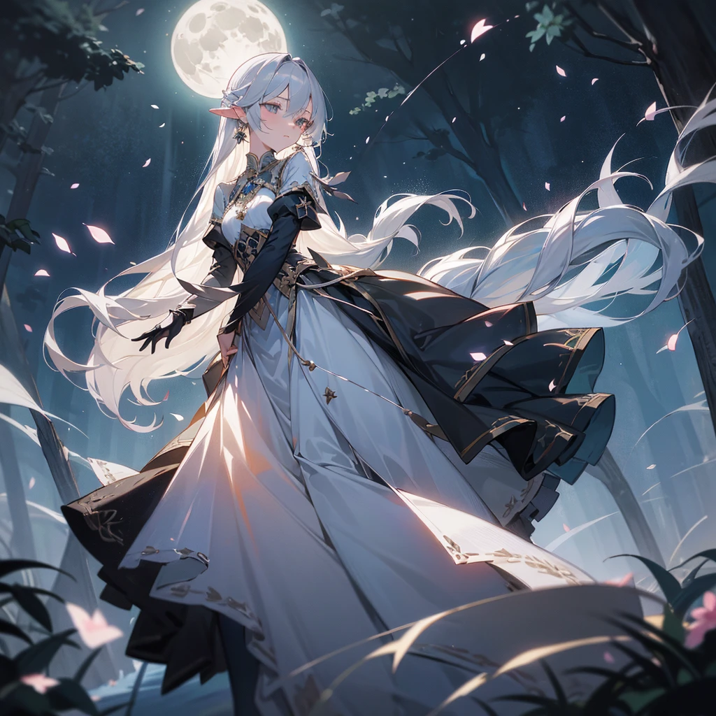 (One woman), ((Ephemeral)), Flower petals are dancing, (((No expression))), Moonlit night, Super long silver hair, Silver eyes like aurora, Noble, Noble, Long sleeves, Black, Long skirt, cool, big moon, in the forest, night sky, black gloves, silver earrings, ((not exposed)), Long braid