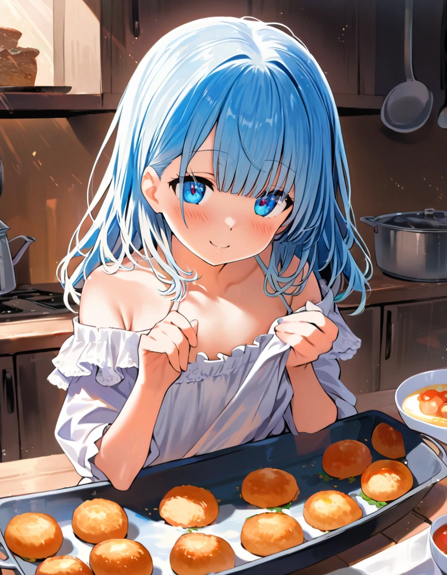 masterpiece, best quality, extremely detailed, (illustration, official art: 1.1), 1 girl, ((((light blue hair)))), (((light blue long hair))), light blue hair,, ((blush)), cute face, big Eyes, masterpiece, best quality, (((a very delicate and beautiful girl))))), amazing, beautiful detailed eyes, blunt bangs ((((little delicate girl))), ((tareme))), droopy eyes. (true beautiful: 1.2), sense of depth, affectionate smile, (true beautiful: 1.2), (tiny 1girl model: 1.2),) (flat chest),score_9, score_8_up, score_7_up, score_6_up, , amazing quality, very aesthetic, ultra detailed face, anime, 1girl, solo, smile, shirt, apron, cooking, making croquettes, delicious croquettes, kitchen, Off-the-shoulder shirt、Young、