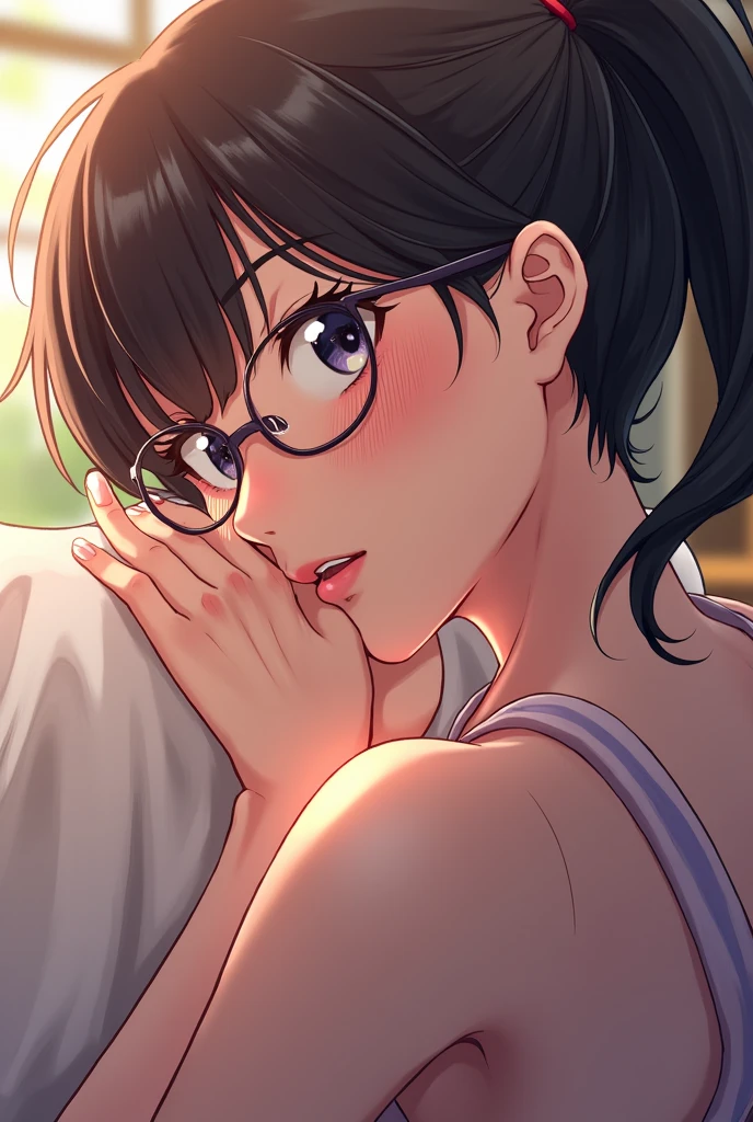 (highest quality、masterpiece)、1 girl、dappled sunlight、indoor、glasses、shy、1 girl、young girl、(goosebumps:0.7)、beautiful face、(eyeliner、lipstick:0.9)、4k、8k、uhd、hdr、詳細background、background、Elaborate facial features、beautiful lips and eyes、A beautiful Chinese girl、in the garden、Wearing a traditional cheongsam、Has an elegant posture and a calm expression。She is surrounded by blooming flowers and lush greenery。The sunlight filtering through the trees gently shines in、Gives her face a soft and warm glow。The artwork is created using oil painting techniques、Emphasis is placed on high-definition brushstrokes and realistic depictions.。The colors are vivid and vivid、Gives a sense of romanticism。Overall image quality is top notch、Features 4K resolution and photorealistic details。Lighting is、Bring out the beauty of girls、Carefully designed to create a calm and restful atmosphere、The subject is、Like I was caught off guard by an intimate moment.、He should look surprised with his face covered by hair。set the stage on the table、Add eroticism to the scene。The image is、Showing kissing or sensual sucking of the genitals、highest qualityで高精細なものでなければなりません、((Shooting range of a woman&#39;s body: from face to chest))。