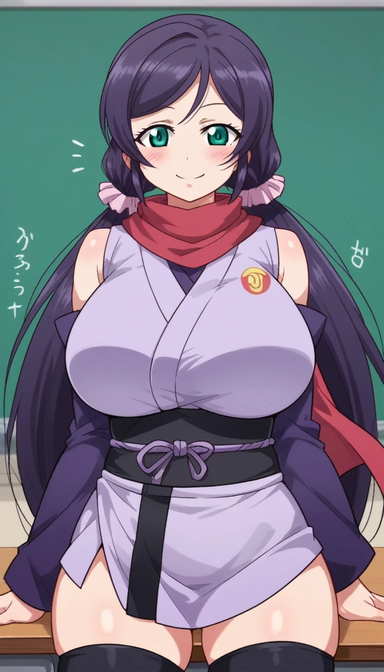 Score 9, Score 8 up, Score 7 up, The evaluation is questionable,
Detailed Background, Glowing Skin,nozomi toujou, green eyes, purple hair, twintails, low twintails, scrunchie, long hair,ayame \(gundam build divers\), very long hair, split ponytail, ninja, detached sleeves, red scarf, black thighhighs, Ninja Mask, kimono, purple sleeves,Huge breasts,Not enough people,whole body,thin,smile,from the front,null,Daytime,School classroom,Anime Style,high quality,masterpiece,Very detailed,whole body,