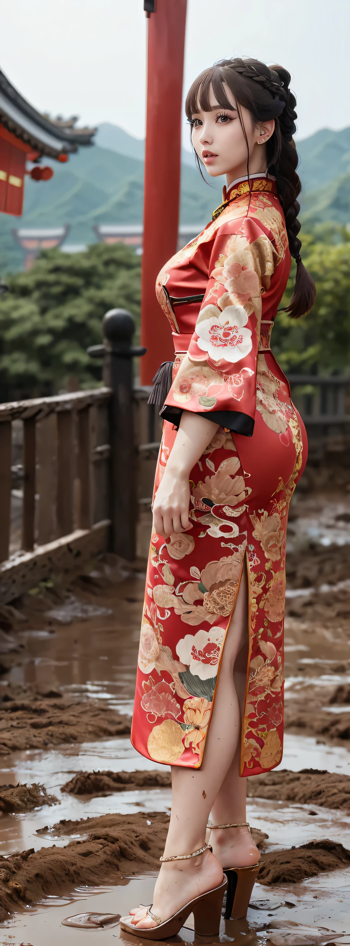 Realistic, masterpiece, Highest quality, Highest Resolution, Anatomically correct, Accurate anatomy, 7 heads, height: 165cm, One Japanese woman, profile, Gazing at the audience, Open mouth smile, Gazing at the audience, Beautiful and beautiful eyes, Sparkling eyes, Thin eyebrows, Gives lashes a delicate finish, False eyelashes, (Chinese traditional makeup:1.2), (dumpling+Braided hair, Blunt bangs, Brown Hair:1.2), Detailed face, Sharp eyes, (Muddy traditional Chinese dress, Close-fitting clothing, Random Color:1.3), Toe to toe photos, Muddy background